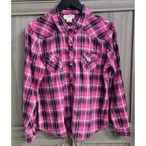 OP Juniors Pink Black Plaid Western Pearl Snap Shirt XL (15/17)